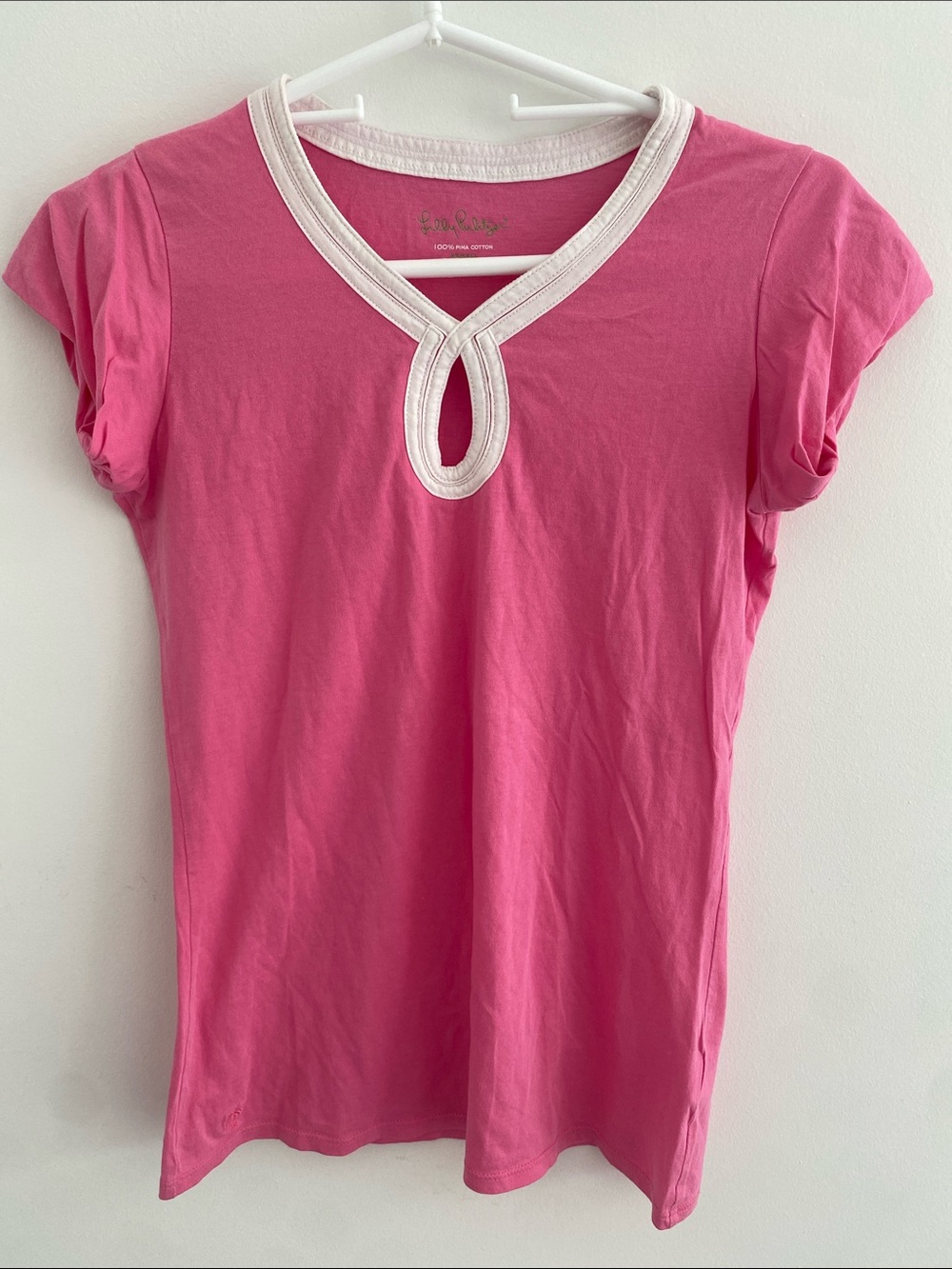Lilly Pulitzer Pima Cotton Cap Sleeve Keyhole Front Pink White Tee T-Shirt Sz XS